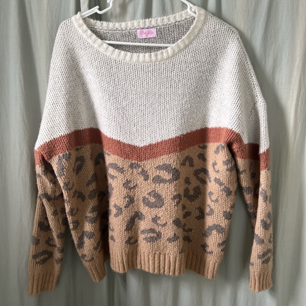 Pink Lily Beige and Brown Leopard Print Sweater - small